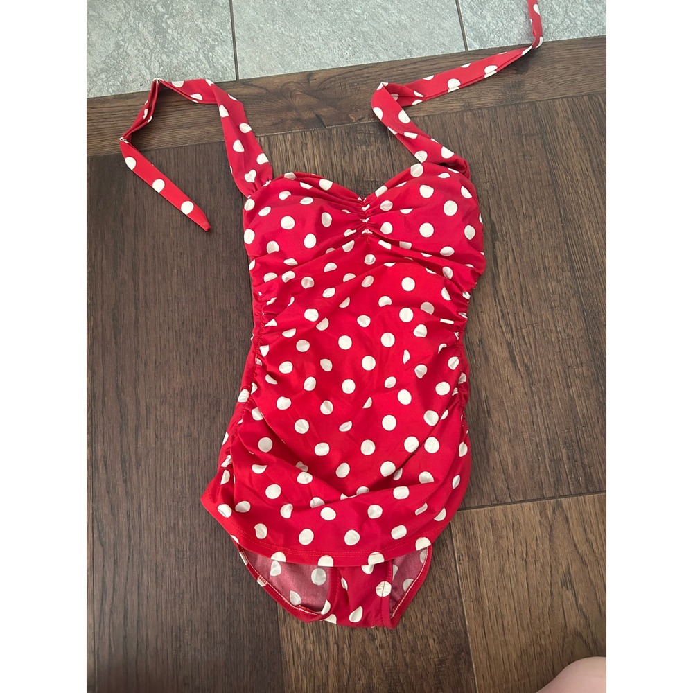 Esther Williams Red Polka Dot One Piece Halter Swimsuit Ruched Pin Up Style 6